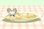  animal_ears blush food girl_in_food grey_hair in_food ishikkoro lying minigirl mouse_ears mouse_tail nazrin nude on_stomach pasta plate red_eyes solo spaghetti tail touhou 