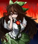  &gt;:) blush bow breast_suppress breasts brown_eyes brown_hair fang gobou hair_bow hair_twirling long_hair looking_at_viewer open_mouth red_eyes reiuji_utsuho shirt skirt smile solo third_eye touhou wings 