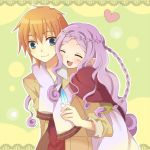  1girl blue_eyes blush brown_hair character_request closed_eyes eyes_closed feathers harvest_moon harvest_moon:_the_tale_of_two_towns harvest_moon_twin_villages heart hug hug_from_behind long_hair mini_mamu open_mouth philip_(harvest_moon) purple_hair sage_(harvest_moon) short_hair smile 