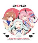  3girls :o angel_beats! ano_hi_mita_hana_no_namae_wo_bokutachi_wa_mada_shiranai antenna_hair bad_id brown_eyes brown_hair clannad crossover dress english furukawa_nagisa grin happy_new_year heart honma_meiko long_hair multiple_girls new_year open_mouth pink_eyes pink_hair school_uniform serafuku short_hair silver_hair smile takumi_(scya) two_side_up v wink yui_(angel_beats!) 