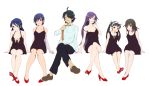  5girls araragi_koyomi bakemonogatari black_dress black_hair blue_hair dress formal glasses hachikuji_mayoi hanekawa_tsubasa highres kanbaru_suruga long_hair monogatari_(series) multiple_girls necktie nekomonogatari otsukemono sengoku_nadeko senjougahara_hitagi short_hair strap_slip twintails 