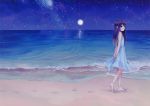  1girl barefoot beach boku_to_kimi_to_kakuusekai_to dress fixed kazuharu_kina landscape long_hair moon night original summer_dress 