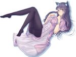  animal_ears black_legwear blush breasts capelet cat_ears kemonomimi_mode large_breasts legs long_hair lying muranisaki no_hat no_headwear on_back panties panties_under_pantyhose pantyhose patchouli_knowledge purple_eyes purple_hair simple_background solo striped striped_panties tail thighs touhou underwear 