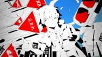  building buildings city clock clouds hair_over_one_eye hibiya_(kagerou_project) highres jacket kagerou_days_(vocaloid) monochrome polychromatic road_sign shizu_(9394marimo) short_hair sign sky spot_color traffic_light vocaloid white_hair 