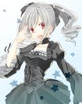  black_dress choker collarbone dress drill_hair ecocube eka_eri gothic_lolita idolmaster idolmaster_cinderella_girls kanzaki_ranko lolita_fashion long_hair looking_at_viewer pale_skin red_eyes ribbon solo twin_drills twintails 