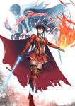  1girl black_hair boots cape character_request fire gem highres long_hair lord_of_vermilion mismi nido red_eyes rishia short_hair sword weapon 