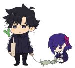  1girl ahoge bag black_hair chibi child crest_worm dress empty_eyes fate/zero fate_(series) flat_color flat_gaze hair_ribbon hoodie insect jirafu leash matou_kariya matou_sakura petting poking purple_eyes purple_hair ribbon spring_onion sweat uncle_and_niece violet_eyes worms young 