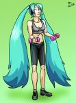  1girl aqua_hair hatsune_miku headphones highres long_hair midriff shorts sports_bra swemu twintails vocaloid weights 