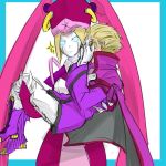  android blazblue blonde_hair blue_eyes cape carrying facepalm gloves glowing glowing_eyes high_collar ignis_(blazblue) mask pale_skin princess_carry relius_clover robot_ears role_reversal short_hair white_gloves white_skin 