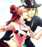  alternate_hairstyle anakiss blue_eyes breasts cleavage cleavage_cutout closed_eyes couple double_bun eyes_closed green_hair hat hat_feather heart heart_cleavage_cutout heart_cutout irene_(jojo) jojo_no_kimyou_na_bouken kuujou_jolyne long_hair midriff multicolored_hair narciso_anasui pink_hair red_hair redhead short_sleeves sweater sweetblossom two-tone_hair 