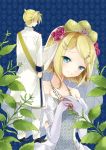  1girl bad_id bare_shoulders blonde_hair blue_eyes brother_and_sister dress earrings elbow_gloves flower formal gloves hair_flower hair_ornament hairclip happy_tears jewelry kagamine_len kagamine_rin kona_(canaria) necklace pendant plant short_hair siblings smile suit tears twins vocaloid wedding_dress white_dress white_gloves white_suit 