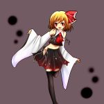  ascot blonde_hair bow detached_sleeves hair_bow highres looking_at_viewer mesoso no_panties open_mouth red_eyes rumia short_hair skirt solo the_embodiment_of_scarlet_devil thigh-highs thighhighs tied touhou youkai 