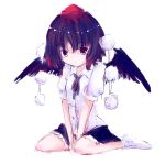  between_legs black_hair hand_between_legs hat pom_pom_(clothes) pom_pom_(clothing) shameimaru_aya simple_background sitting sketch solo touhou v_arms wariza wings yumeji_hio 