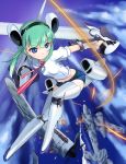  airplane blade blue_eyes cloud flying girl_arms green_hair jet mecha_musume midriff military northrop_xp-79_flying_ram personification propeller slicing star ta_154 weapon world_war_ii zeco 