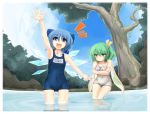  arms_up bare_shoulders blue_eyes blue_hair blush bow breasts cirno cloud cold collarbone crossed_arms daiyousei fairy_wings flat_chest green_eyes green_hair hair_bow maszom mound_of_venus multiple_girls one-piece_swimsuit outdoors school_swimsuit short_hair side_ponytail sky swimsuit touhou tree trembling wading water waving white_school_swimsuit wings 