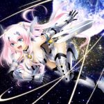  1girl bad_id blue_eyes breasts highres kuromayu large_breasts long_hair megurine_luka open_mouth pink_hair solo space star_(sky) thighhighs vocaloid 