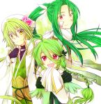  1girl 2boys braid green_hair hat hisui_suzuhana long_hair meganium multiple_boys open_mouth personification pokemon pokemon_(game) ponytail red_eyes serperior short_hair smile torterra 