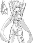  arms_behind_head arms_up bodysuit breasts eu03 hair_intakes horns huge_breasts long_hair monochrome original sketch skin_tight solo tsuno tsunoko very_long_hair 