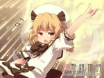  :&lt; arm_up blonde_hair blueberry_(5959) blush bow chestnut_mouth dress drill_hair fairy_wings flat_gaze flying_sweatdrops hair_ribbon hat looking_at_viewer luna_child moon open_mouth red_eyes ribbon short_hair solo touhou wings 