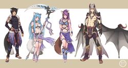  2girls animal_ears anklet armor bare_shoulders barefoot barefoot_sandals black_eyes black_hair blue_hair breasts brown_eyes brown_hair cat_ears cat_tail cleavage erect_nipples fantasy fingernails fox_ears fox_tail hand_on_hip highres hips horns incubus jewelry loincloth long_hair looking_at_viewer mage multiple_boys multiple_girls muscle nail_polish original purple_eyes purple_hair sandals scythe sharp_fingernails sharp_nails shirtless smile tail tattoo toeless_socks toenail_polish toenails tsuchan violet_eyes weapon white_hair wings yellow_eyes 