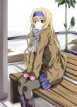  bench blonde_hair blue_eyes boots cecilia_alcott hairband infinite_stratos long_hair mister_(black_and_white) mittens pantyhose scarf sitting solo winter_clothes 