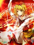  blonde_hair colored_eyelashes glowing hair_ornament hexagram jeweled_pagoda long_sleeves lulu_season magic_circle outstretched_arms parted_lips red_sky shawl short_hair sky solo toramaru_shou touhou yellow_eyes 
