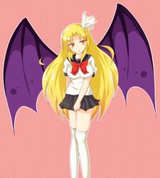  bat_wings blonde_hair bow breasts hair_ribbon head_tilt highres kurumi_(touhou) long_hair open_mouth over-kneehighs pink_background pleated_skirt ribbon school_uniform serafuku skirt solo touhou touhou_(pc-98) white_legwear wings yellow_eyes yoshida_tatsumi 