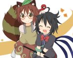  ^_^ ahoge animal_ears asymmetrical_wings black_hair bow brown_eyes brown_hair closed_eyes dress eyes_closed fang futatsuiwa_mamizou glasses houjuu_nue leaf leaf_on_head multiple_girls open_mouth pat petting pince-nez polearm raccoon_ears raccoon_tail short_hair skirt smile snake tail touhou trident verderayo weapon wings 