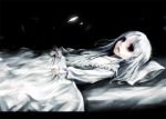  1girl blanket blood blood_on_face darkness lastdark long_hair long_sleeves lying nightgown on_back on_bed original red_eyes silver_hair solo sound_horizon 