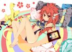  alci-chan armor armpits barefoot big_hair bridal_gauntlets dick_saucer dragon_half feet frame heart heart_pillow horns long_hair lying mink pillow red_eyes red_hair redhead signature 