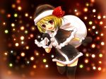  bag black_legwear blonde_hair gloves hat highres mesoso mittens open_mouth red_eyes rumia sack santa_costume santa_hat short_hair smile solo the_embodiment_of_scarlet_devil thigh-highs thighhighs touhou youkai 