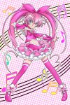  blue_eyes cure_melody dress frills houjou_hibiki long_hair magical_girl midriff musical_note pink pink_background pink_hair pink_legwear polka_dot polka_dot_background precure shoes smile solo staff_(music) suite_precure t2r thigh-highs thighhighs twintails wrist_cuffs 