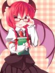  1girl adjusting_glasses alternate_hairstyle bat_wings bespectacled blush book book_hug braid checkered checkered_background glasses hair_ribbon head_wings highres holding holding_book juliet_sleeves koakuma long_hair long_sleeves looking_at_viewer necktie open_mouth puffy_sleeves red-framed_glasses red_eyes redhead ribbon shirt skirt skirt_set solo touhou twin_braids vest wings y_chan6262 