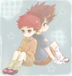  back-to-back big_hair blue_background brown_hair digimon digimon_adventure gloves izumi_koushirou looking_back male multiple_boys red_eyes red_hair redhead shi*ki_(sm041yh) sitting sleeves_rolled_up star white_gloves yagami_taichi 