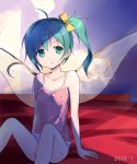  ahoge aqua_eyes aqua_hair arm_support bare_shoulders bed bow camisole collarbone daiyousei erect_nipples fairy_wings green_eyes green_hair hair_bow no_pants panties short_hair side_ponytail sitting solo touhou tucana underwear wings 