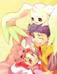  1boy 1girl blue_hair brother_and_sister character_request digimon digimon_tamers happy horn hug li_jenrya li_shaochung lopmon on_head open_mouth pink_hair siblings smile terriermon vest wince 