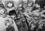  6+girls :&lt; accelerator anger_vein cendrillon checkered hamazura_shiage highres kamijou_touma kuroyoru_umidori leivinia_birdway long_hair misaka_mikoto misaka_worst monochrome multiple_boys multiple_girls neko_(yanshoujie) open_mouth roberto_katze saroni_a_irivika saronia_a_irivika short_hair to_aru_majutsu_no_index to_aru_majutsu_no_index:_new_testament yanshoujie 