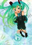  aqua_eyes aqua_hair boots detached_sleeves hatsune_miku headphones headset long_hair necktie open_mouth skirt smile solo thigh-highs thigh_boots thighhighs twintails very_long_hair vocaloid 
