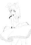 absurdres animal_ears back bare_shoulders bunny_ears bunny_tail copyright_request crown dress from_behind highres lineart long_hair looking_back monochrome shima_(sh1mamu) smile solo tail 