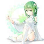 ary china_dress chinese_clothes detached_sleeves flower frog green_hair hair_flower hair_ornament hair_tubes kochiya_sanae leg_up mouth_hold panties red_string ribbon_in_mouth sitting smile snake solo string thigh-highs thighhighs touhou underwear watercolor_pencil_(medium) white_legwear white_panties 