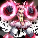  armor bow bubble_skirt choker debris dress fusion gundam gundam_age gundam_age-1 gundam_age-1_titus hair_bow hair_ribbon kaname_madoka kimagure_ringo magical_girl mahou_shoujo_madoka_magica mecha_musume mechanical_arms mechanical_legs pink_eyes pink_hair ribbon short_twintails solo standing twintails 