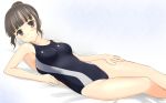  black_eyes black_hair brown_eyes brown_hair competition_swimsuit hair_bun hanasaku_iroha highres looking_at_viewer lying on_back on_side one-piece_swimsuit oshimizu_nako parted_lips short_hair solo swimsuit takafumi 