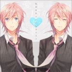  alternate_eye_color blue_eyes blush border dual_persona envelope heart letter long_sleeves love_letter male multiple_boys necktie nenchaku_kei_danshi_no_15_nen_nechinechi_(vocaloid) open_mouth parted_lips pink_hair sad shirt squinting striped striped_shirt surprised symmetry tears too_mizuguchi vocaloid vy2 wind 
