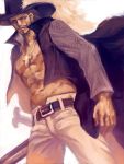 abs arisue_kanako belt black_hair coat dracule_mihawk facial_hair hat jewelry male muscle necklace one_piece open_clothes open_shirt shirtless simple_background solo sword weapon white_background yellow_eyes 