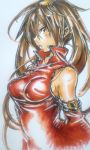  bare_shoulders belt blush brown_hair chinese_clothes detached_sleeves guilty_gear hadashinogen hair_ring kuradoberi_jam long_hair solo traditional_media twintails 