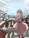  ahoge balcony bow capelet chair cityscape cloud cup dress green_eyes highres long_hair ocean open_mouth original pink_dress risutaru saucer silver_hair sky smile solo table teacup teapot 