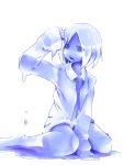  blue copyright_request goo_girl highres monochrome monster_girl naked_shirt navel open_clothes open_mouth shima_(sh1mamu) short_hair simple_background sitting solo wariza 