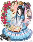  alice_in_wonderland apron argyle argyle_background black_hair blue_dress book bow brown_eyes butterfly card cat crayon cup dress flower hair_bow halterneck holding holding_book kazuharu_kina key original playing_card playing_card_theme pocket_watch rainbow red_rose rose sitting smile solo teacup teapot watch 