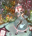  bad_id butterfly cherry_blossoms highres japanese_clothes lantern petals pink_eyes pink_hair ringetsumon saigyouji_yuyuko shoes short_hair solo touhou triangular_headpiece wink 