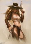  belt blonde_hair breasts chaps cleavage cowboy_hat cowgirl dual_wielding front-tie_top gun hair_over_one_eye handgun hat league_of_legends leo_chuang lipstick long_hair makeup midriff miss_fortune navel revolver sarah_fortune solo tied_shirt weapon western 